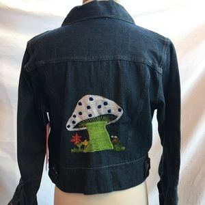 Vintage Navy Blue Jean Jacket with Green & White Mushroom Patch